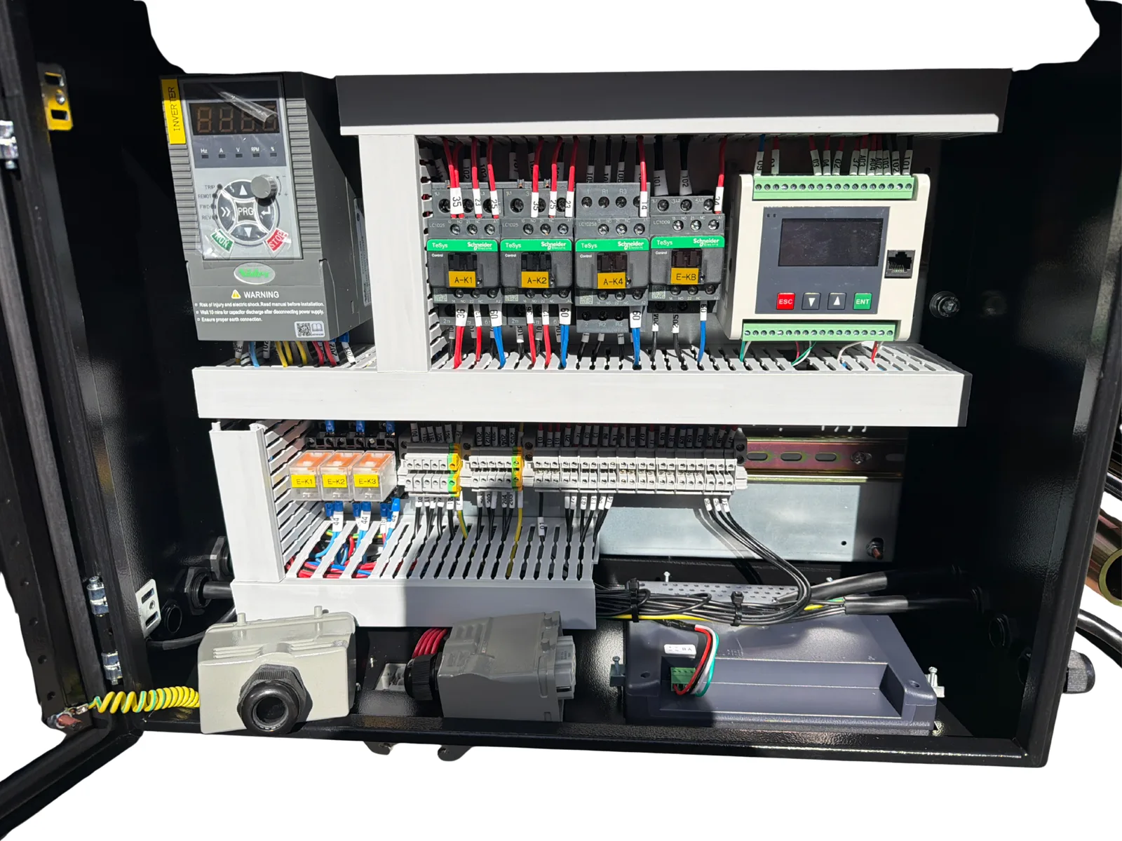Sorian crane control panel with variable frequency drive, Schneider TeSys contactors, labelled ferrules and DIN-rail terminals