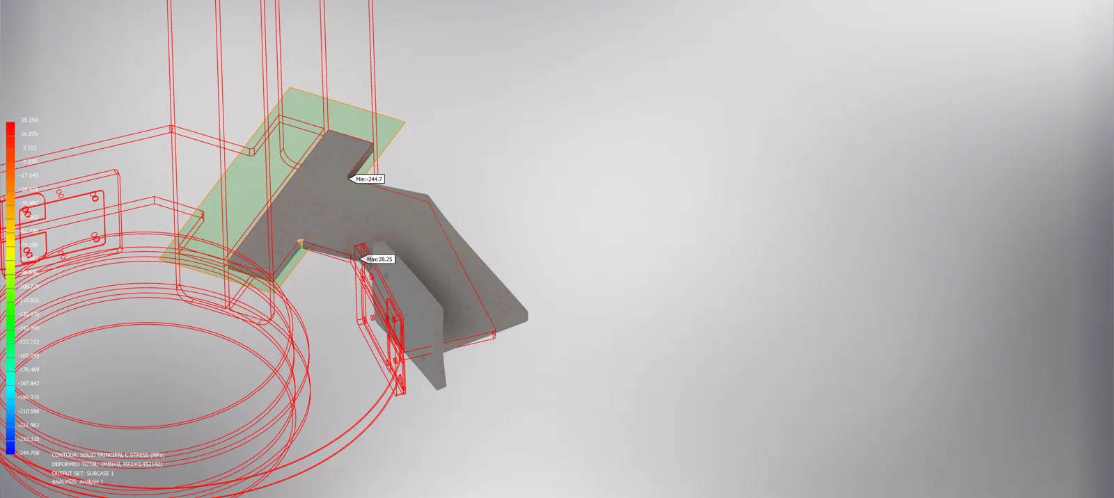 Finite element stress plot of a Sorian jib crane slew roller bracket showing principal stress in MPa