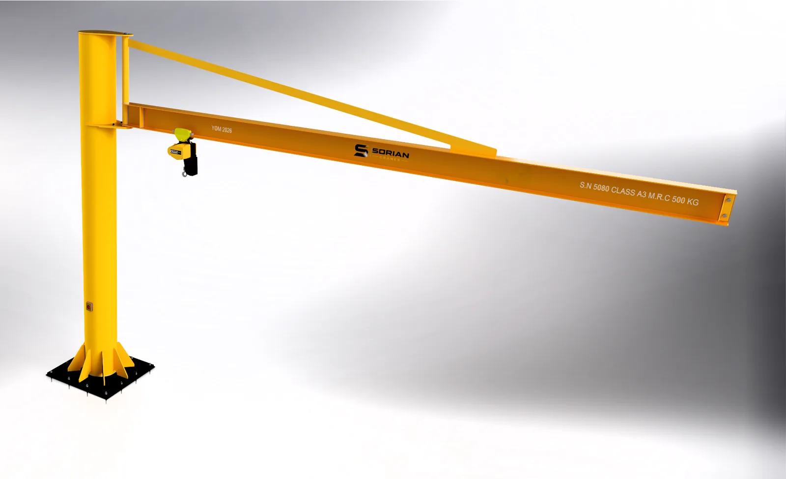 Engineering render of a Sorian 500 kg class A3 free-standing tie-rod jib crane with electric chain hoist