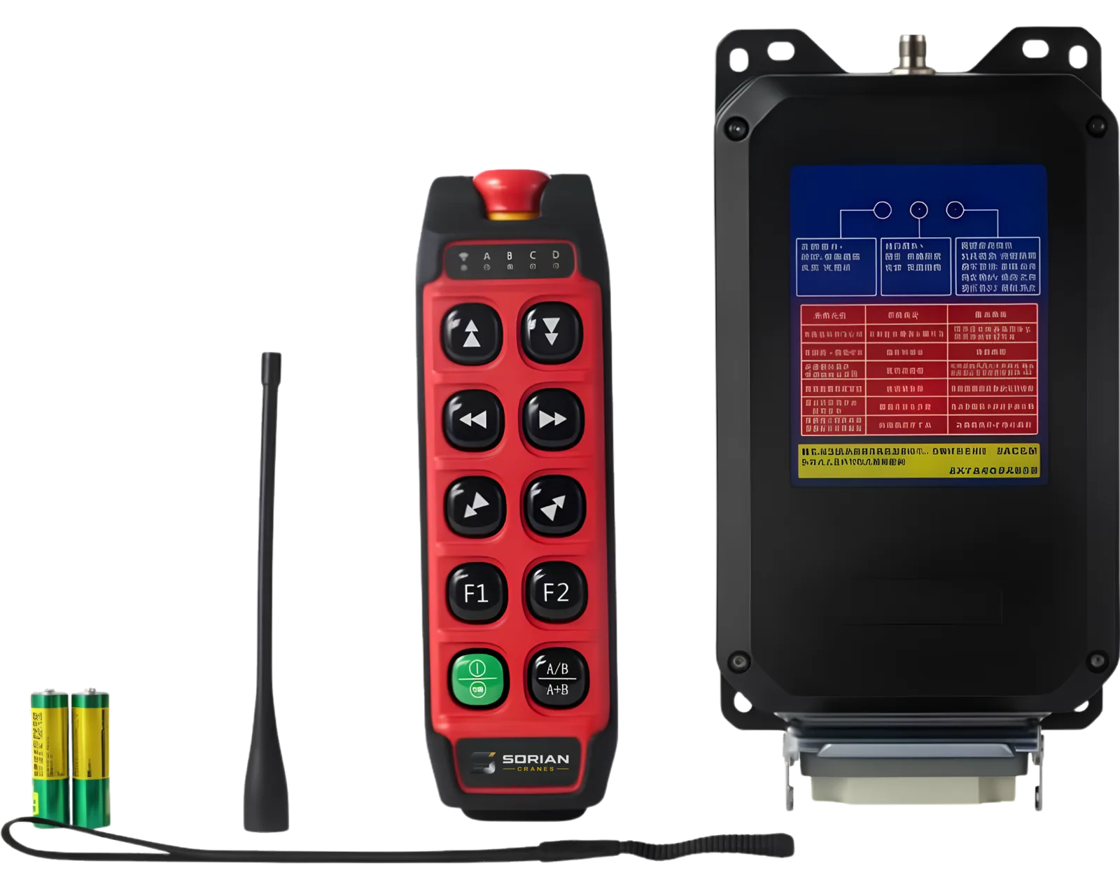 Sorian industrial radio remote control kit: two-step pushbutton transmitter with emergency stop, receiver, antenna and batteries