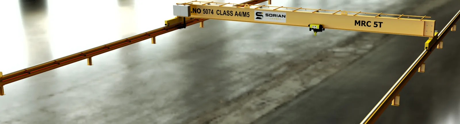 Engineering render of a Sorian 5 tonne single girder overhead crane, class A4/M5, on a runway