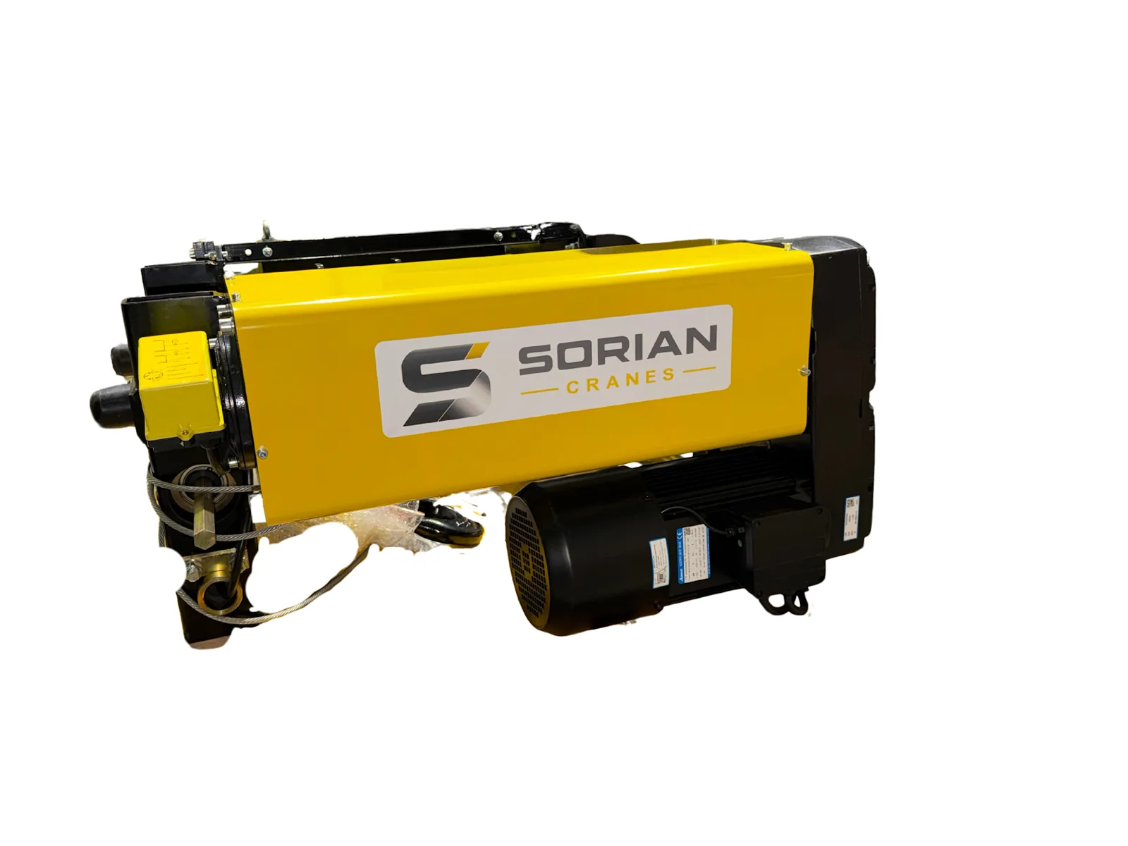 Sorian-branded electric wire rope hoist with low-headroom trolley and rope guide